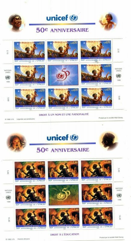 United Nations Geneva Scott #294-295 50th Anniversary of UNICEF Panes of 8 MNH