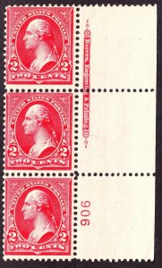 US 279b 2c Washington Mint Plate #906 Strip of 3 F-VF OG NH SCV $85