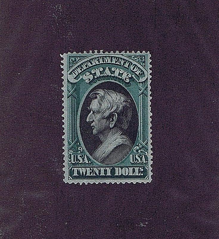 SC# O71 ORIGINAL GUM HINGED $20 DEPT STATE OFFICIAL STAMP, 1873, 2018 PSAG CERT