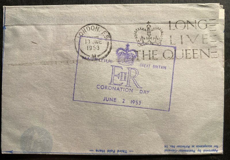 1953 Mauritius Air Letter Cover FDC To London Queen Elizabeth II Coronation B 