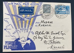 1932 Madras India First Flight Airmail Cover to Karach TATA Sons Smith Signed