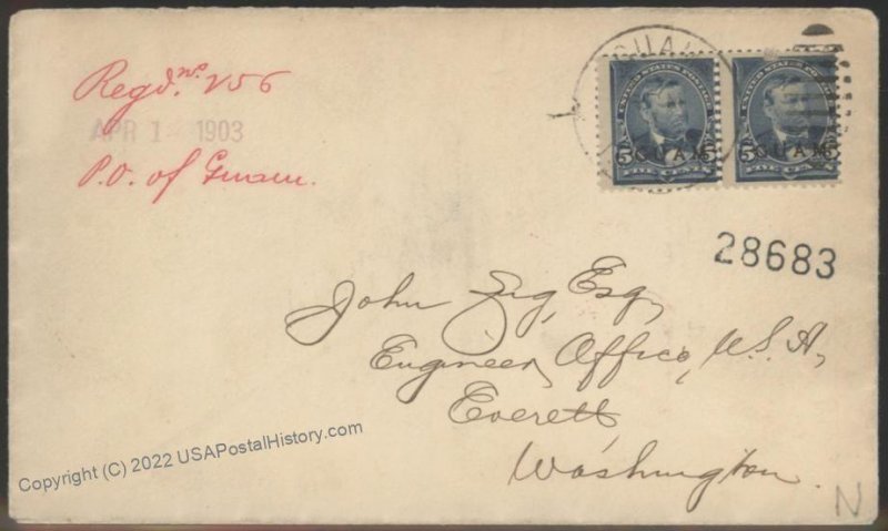 GUAM 1903 Overprinted USA 5c Grant to Everett Washington Cover 107610