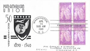 1940 FDC, #895, 3c Pan American Union, A.P. L. - single/block of 4