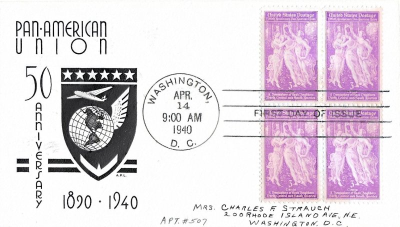 1940 FDC, #895, 3c Pan American Union, A.P. L. - single/block of 4