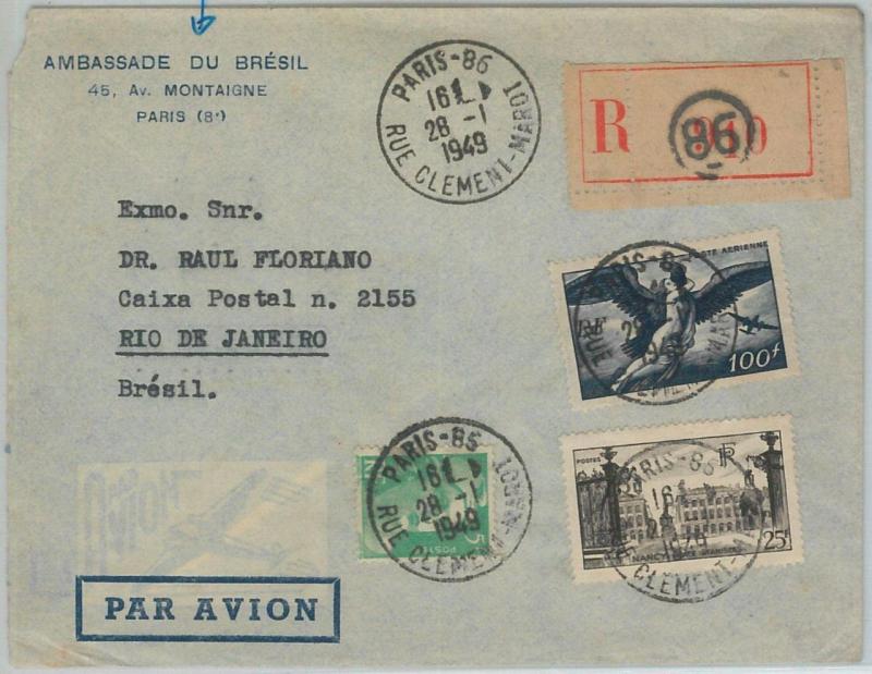 69929 - FRANCE - POSTAL HISTORY - REGISTERED COVER  to  BRASIL 1949