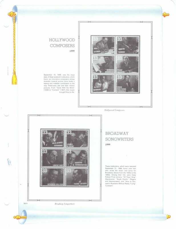 White Ace US Simplified 1999 Commemorative Stamp Album Pages 99-1 to 99-15