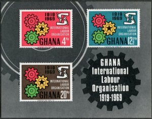 Ghana 377a sheet, MNH. Michel Bl.37. ILO 50th Ann. 1970. Cogwheels.