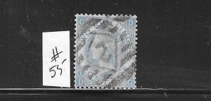 GREAT BRITAIN SCOTT #55A (PLATE 1)-1867-80 2SH (PALE BLUE) -WMK 25-USED