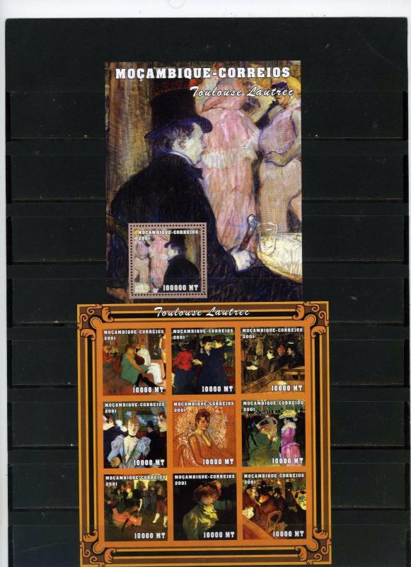 MOZAMBIQUE 2001 PAINTINGS BY TOULOUSE-LAUTREC SET OF SHEET OF 9 STAMPS & S/S MNH 