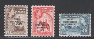 Ghana 1958 Independence Overprints Scott # 25 - 27 MH