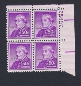 U.S. #1051a 50 CENT S.B. ANTHONY PLATE BLOCK MINT, VF, NH