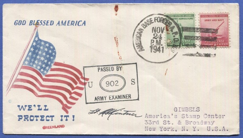 1941  WWII Censored Patriotic Cover APO 809, Narsarssuak, Greenland, Ex. 902