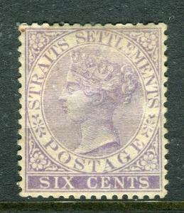 STRAITS SETTLEMENTS; 1883 early QV Crown CA Mint hinged Shade of 6c. value