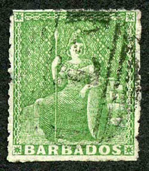 Barbados SG13 (1/2d) Yellow green No Wmk Pin-perf 14 Fine Used