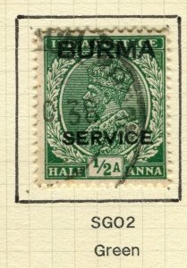 BURMA; 1937 early GV Optd. issue fine used Shade of 1/2a. value