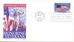 2001 FDC, #3508, 34c Honoring Veterans, 2 diff. cachets