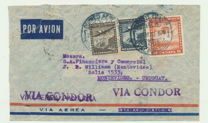 CHILE TO URUGUAY 1939 CONDOR FLIGHT COVER, 5p70c RATE (SEE BELOW)