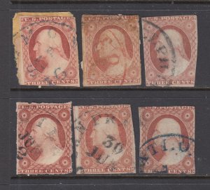 US #11/11A Group of 6 stamps -   3c Washington  (USED) cv$90.00