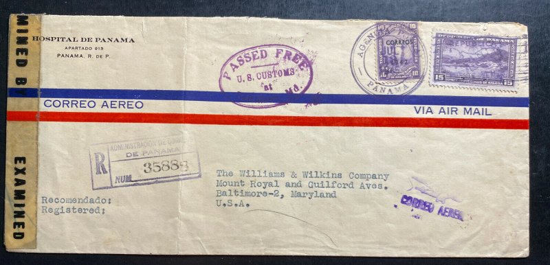 1945 Panama Hospital Censored Airmail Cover to Baltimore MD USA 