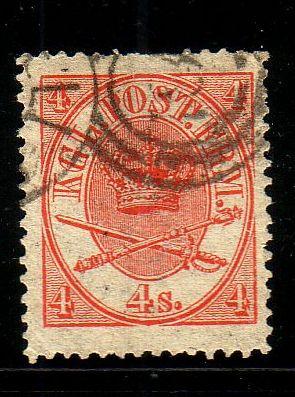 Denmark Sc 13 1864 4 sk red Royal Emblems stamp used