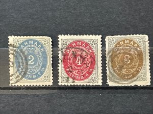 1870-1 Denmark Used Skilling Numeral Stamps Sc# 16, 18, & 19 SCV $112