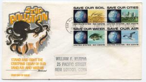 1410-3 Anti-Pollution, Fleetwood, addressed, block of 4, FDC