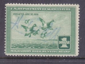 US RW4 Used 1937 $1 Scaup Ducks Taking to Flight Duc Hunting Stamp