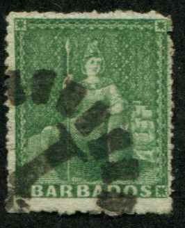Barbados SC# 15  Victoria (1/2d)  green Used (UR corner fault)