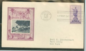 US 799 1937 3c Violet Hawaii on Cacheted FDC, Cancelled Oct 18, 1937 in Honolulu, Hawaii