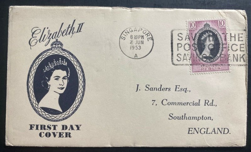 1953 Singapore first day cover to England Queen Elizabeth II Coronation QE2 A 