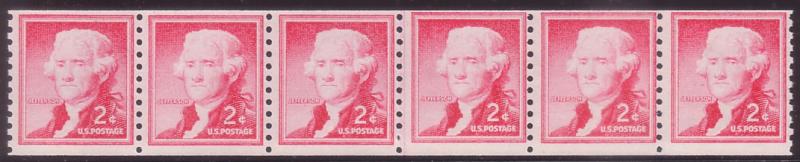 #1055a Jefferson 2c Tagged Dull Gum Line Pair Strip of 6 MNH