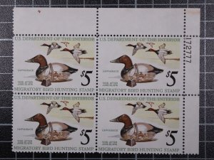 Scott RW42 1975 $5.00 Duck Stamp MNH Plate Block UR 172777 SCV - $65.00