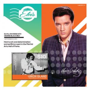 UNION ISLAND 2014 ELVIS PRESLEY HIS LIFE IN STAMPS Black Belt SOUVENIR SHEET MNH