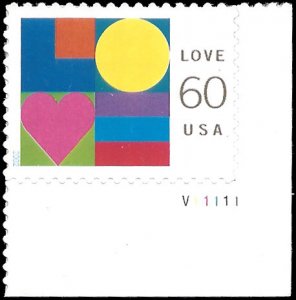 #3658 60c Love Plate # 2002 Mint NH