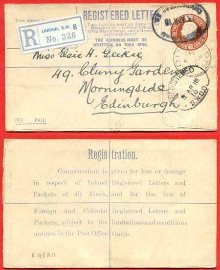 RP28a KGV 3d Registered Envelope Size F Flap 6 Letterpress KJ under Flap