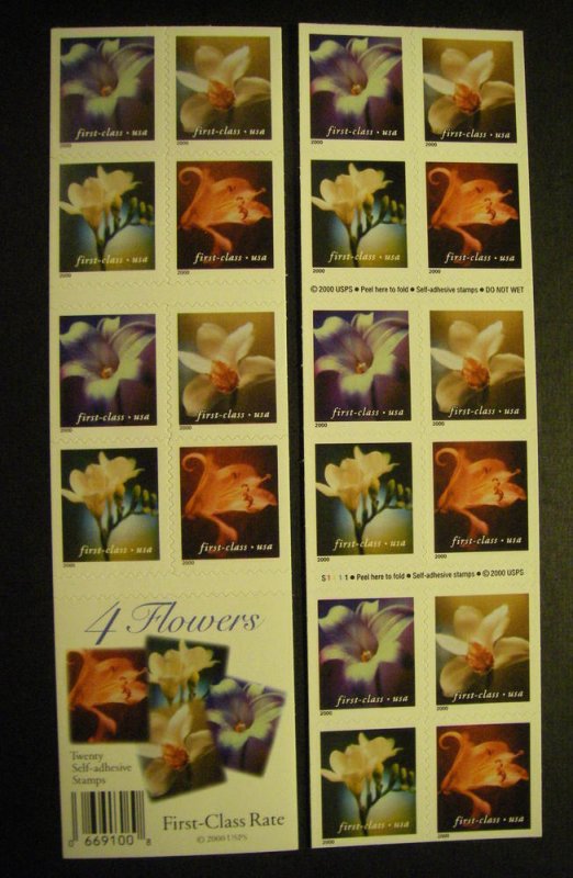 Scott 3461c, 34c nondenominated Flowers, Pane of 20, #S1111, combo perf