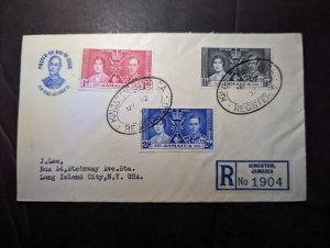 1937 Registered British Jamaica Coronation Cover Kingston to Long Island NY USA