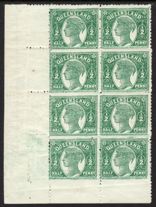 1890 - 1892 Australia Queensland QV ½penny perf 12½ Wmk 68 swys MNH Sc# 89 BLK 8