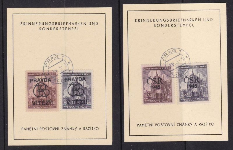 20881 GERMAN BOHEMIA & MORAVIA 1945 - 2 SOUVENIR CARDS w/ SPECIAL CANCELLATIONS