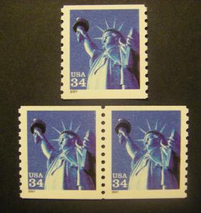 Scott 3476, 34c Statue of Liberty, Pair & Single, MNH