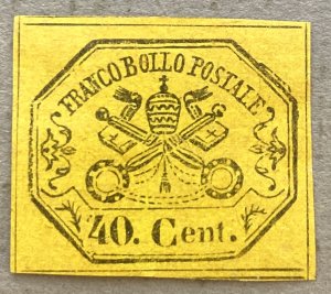 Roman States 17 - 1867 Glazed 40c Yellow Papal Coat of Arms Stamp, Imperforate