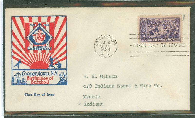 US 855 1939 3c Baseball Centennial (single) on an addressed (typed) FDC with a Leather Stocking cachet