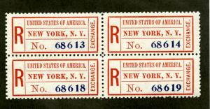 US Stamps # FX Registry Exchange Label VF OG NH NY, NY Block Of 4 PO Fresh