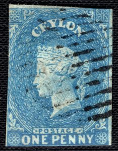 CEYLON QV Stamp SG.2b 1d Blue (Blued Paper) 1857 Used Cat £225- RBLUE89