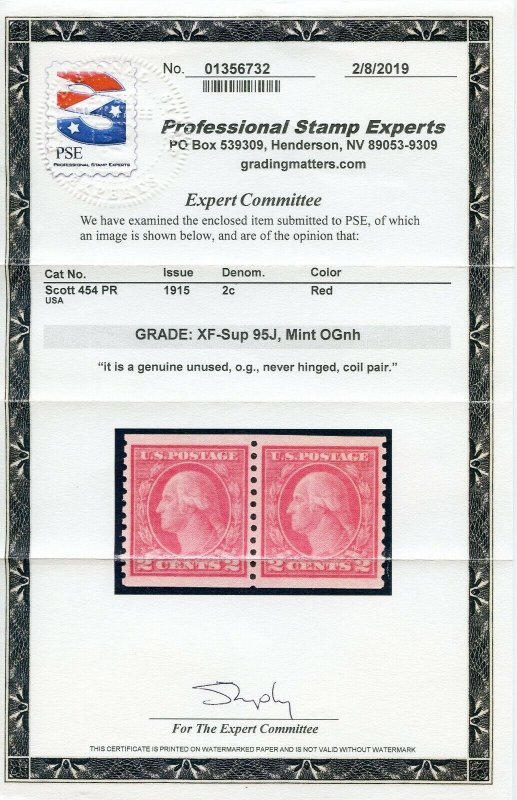 US SCOTT #454 PAIR MINT-XF-SUP-JUMBO-OG-NH GRADED 95J W/ PSE CERT (4/23/21 GP)