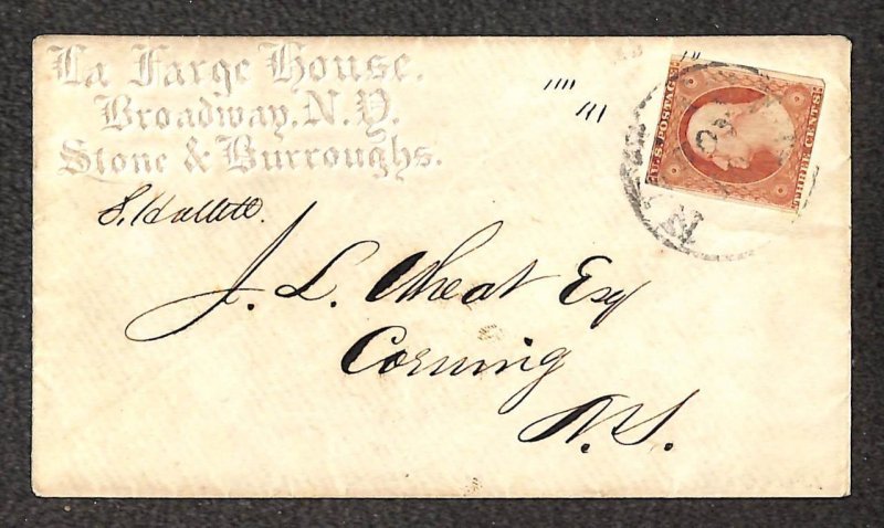 USA 11 STAMP NEW YORK BURROUGHS LA FARGE HOUSE HOTEL ADVERTISING COVER 1850s FF