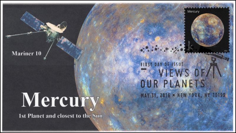 2016, Views of our Planets, Mercury, B/W Postmark, Mariner 10 FDC, 16-229