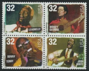 1998 Folk Musicians Block Of 4 32c Postage Stamps, Sc# 3212-3215, MNH, OG -