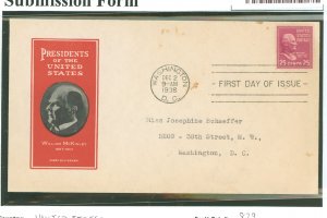 US 829 1938 25c William McKinley (presidential/prexy) solo on an addressed first day cover with an Ioor cachet.