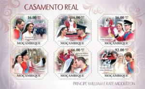 Mozambique - William & Kate Royal Wedding - 6 Stamp  Sheet 13A-627